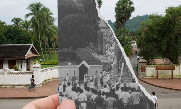 Cung điện hoàng gia. Bức hình đen trắng chụp từ năm 1959 trong đám tang của vua Sisavong Vong.